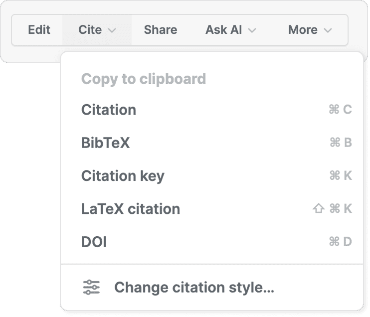 The Cite menu open on a “Copy to clipboard” list — Citation, BibTeX, Citation key, LaTeX citation and DOI, each with a keyboard shortcut — above “Change citation style…”.